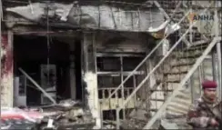  ?? ANHA VIA AP ?? This frame grab from video provided by Hawar News, ANHA, the news agency for the semi-autonomous Kurdish areas in Syria, shows a damaged restaurant where an explosion occurred, in Manbij, Syria, Wednesday. The Britain-based Syrian Observator­y for Human Rights, a Syrian war monitoring group, and a local town council said Wednesday that the explosion took place near a patrol of the U.S.-led coalition and that there are casualties.