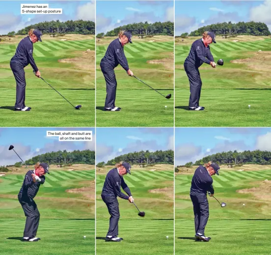  ??  ?? Jimenez has an S- shape set- up posture
The ball, shaft and butt are all on the same line