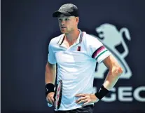  ??  ?? Angered: Kyle Edmund reacts after a spectator calls out during a rally against John Isner at Miami Open
