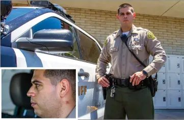  ?? Austin Dave/The Signal ?? (Above) Santa Clarita Valley Sheriff’s Station Deputy Albert White was shot in the neck responding to a call on Nov. 28, 2017. (Inset) A scar is visible below White’s ear. White was thankful for the deputies who saved his life.