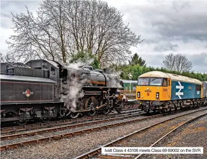  ?? ?? Ivatt Class 4 43106 meets Class 69 69002 on the SVR