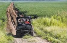  ?? Rogelio V. Solis / Associated Press ?? Leflore County Coroner Debra Sanders (right) rides with a sheriff's deputy near the wreckage of a military plane.