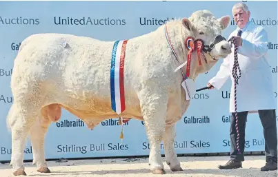  ?? Picture: Ron Stephen. ?? Charolais champion at Stirling May Bull Sales 2018, Firhills Majestic, from Jim and Alison Muirhead of Firhills Farm, by Arbroath.