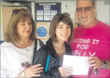  ??  ?? Kelly with her parent Martin and Linda, holding her GCSE results which she obtained at St Edmund’s School in August 2017