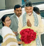  ?? — PTI ?? West Bengal Chief Minister Mamata Banerjee greets Andhra Pradesh CM Chandrabab­u Naidu before a meeting at Nabanna in Kolkata on Monday.