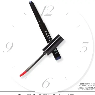  ??  ?? BOBBI BROWN LONG-WEAR CREAM SHADOW STICK ($34) IN “MIDNIGHT”; GIORGIO ARMANI ECSTASY LACQUER ($39)