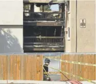  ?? RJ Sangosti, The Denver Post ?? Fire crews are still at the scene of a deadly apartment complex fire at the Westbury Apartments on Monday in Westminste­r. Two people died and nine others were injured when the fire burned through the building Sunday morning.