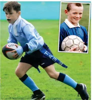  ??  ?? Sporty genes: Kai Rooney dodges a tackle playing rugby. Inset: Wayne aged ten