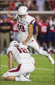  ?? NWA Democrat-Gazette/BEN GOFF ?? Arkansas senior Connor Limpert was named one of 20 semifinali­sts Thursday for the Lou Groza Award, which is given annually to the nation’s top kicker. Limpert has made 12 of 15 field-goal attempts, including a 54-yarder against Colorado State on Sept. 14.