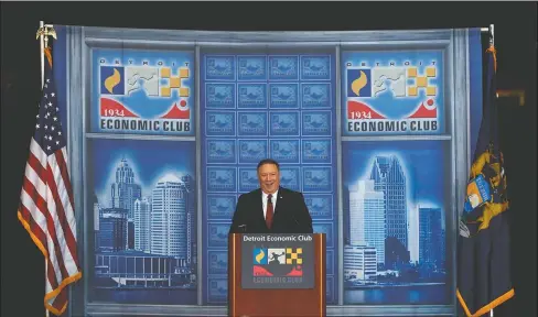  ?? The Associated Press ?? LUNCHEON: U.S. Secretary of State Mike Pompeo speaks at an Economic Club of Detroit luncheon in Detroit, Monday.