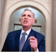  ?? J. SCOTT APPLEWHITE/AP ?? House Speaker Kevin McCarthy, R-Calif., talks to reporters Tuesday as Congress returned to work in crisis mode with a few days to go before a government shutdown, at the Capitol in Washington.