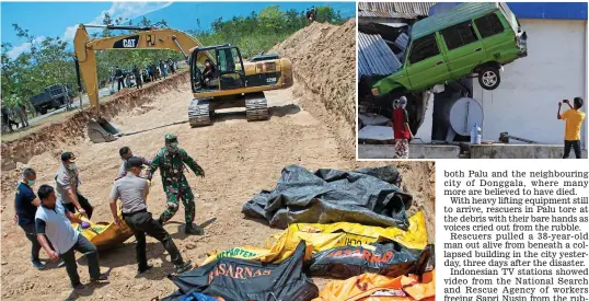  ??  ?? Disaster: Bodies are laid in a mass grave in Palu yesterday. Inset: A car thrown by the quake on to a wall