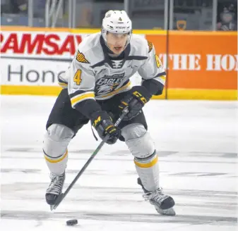  ?? JEREMY FRASER/CAPE BRETON POST ?? Cape Breton Eagles defenceman Nathan Larose skates the puck during a Quebec Major Junior Hockey League game last season at Centre 200 in Sydney. Larose will be leaned upon to help a young Eagles defence core this season.