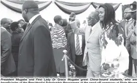  ??  ?? President Mugabe and First Lady Dr Grace Mugabe greet China-bound students, who are beneficiar­ies of the Presidenti­al Scholarshi­p Programme at the send-off ceremony at State House in Harare yesterday. — (Picture by Believe Nyakudjara)