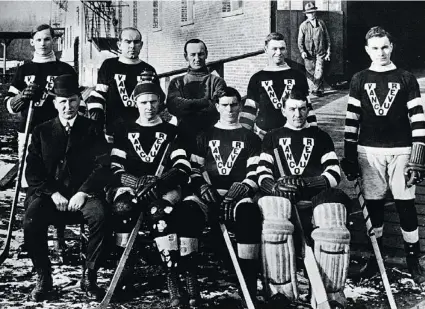  ?? PNG FILES ?? The Vancouver Millionair­es became the 1915 Stanley Cup champions after a three-game sweep against Ottawa. Back row (from left): Barney Stanley, Fred ‘Cyclone’ Taylor, Edward Muldoon, Mickey MacKay, Frank Nighbor. Front row (from left): Frank Patrick,...