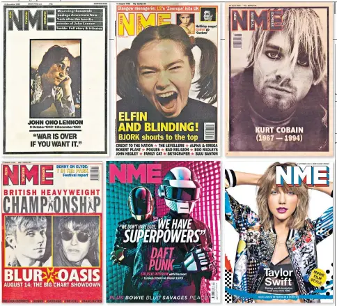  ??  ?? NME front: John Lennon, Björk, Kurt Cobain, Taylor Swift, Daft Punk, Blur and Oasis