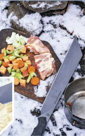  ??  ?? Left: Making a winter camp stew, the TOPS Storm Vector processed chicken and vegetables, as well as firewood. This is where the seax-style knife shines, multitaski­ng.