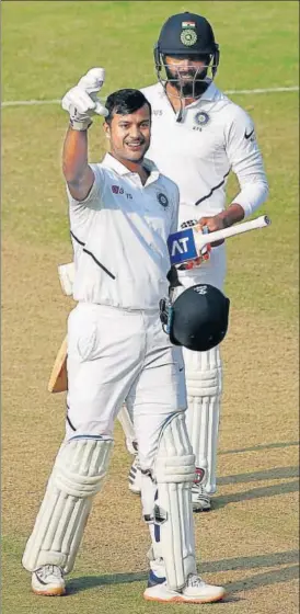  ?? ANI ?? Mayank Agarwal gestures towards the India dressing room after reaching his double century on the second day of the first Test against Bangladesh in Indore on Friday.