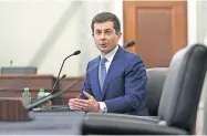  ?? [STEFANI REYNOLDS/POOL PHOTO VIA TRIBUNE NEWS SERVICE] ?? Pete Buttigieg, President Biden's secretary of transporta­tion nominee, speaks during a Senate Commerce, Science and Transporta­tion Committee confirmati­on hearing Thursday in Washington.