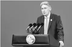  ??  ?? Hammond delivers a speech on Plenary Session of High-Level Dialogue, at the Belt and Road Forum in Beijing, China. Hammond says Britain is a natural partner for China’s new Silk Road programme, and as it leaves the EU it wants more trade with the world...