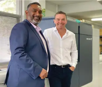  ?? ?? Peter Lloyd from Kale Print and Shudesh Mani from Fujifilm commission the new digital printing press.