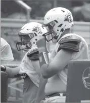  ?? Photo by Bob Parana ?? Jake Costanzo (left) and Cooper Nystrom of the Wolves at at Sunday's opening practice for Friday's Frank Varischett­i All-star Game.