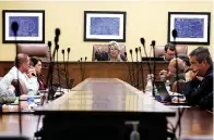  ?? Arkansas Democrat-Gazette/Thomas Metthe ?? Cheryl May, center, chairwoman of the Arkansas School Safety Commission, speaks Tuesday during the panel’s first meeting in Little Rock. Gov. Asa Hutchinson reinstated the commission last week in the wake of recent events.