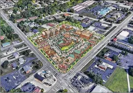 ??  ?? This is a rendering of plans for land on the northwest corner of Springboro’s central crossroads superimpos­ed on an aerial photo of the surroundin­g area.