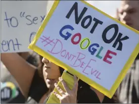  ?? AP PHOTO/NOAH BERGER ?? In this Nov. 1 file photo workers protest against Google’s handling of sexual misconduct allegation­s at the company’s Mountain View, headquarte­rs.