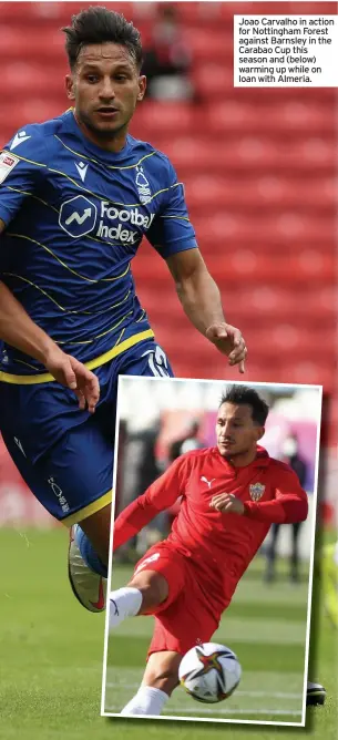  ??  ?? Joao Carvalho in action for Nottingham Forest against Barnsley in the Carabao Cup this season and (below) warming up while on loan with Almeria.
