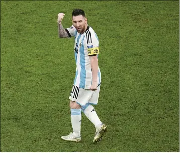  ?? ARIEL SCHALIT — THE ASSOCIATED PRESS ?? Argentina's Lionel Messi celebrates after scoring, at the Lusail Stadium in Lusail, Qatar, Friday.