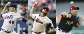  ?? FILE — THE ASSOCIATED PRESS ?? From left are 2018file photos showing New York Mets pitcher Jacob deGrom, Philadelph­ia Phillies pitcher Aaron Nola and Washington Nationals pitcher Max Scherzer. Jacob deGrom, Max Scherzer and Aaron Nola are going pitch for pitch in the NL Cy Young Award race.