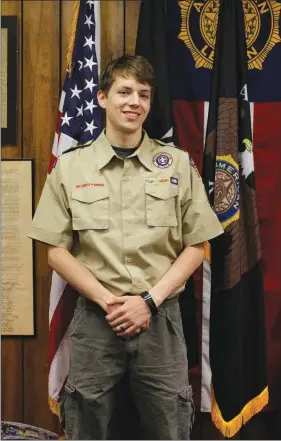  ?? KAYLA BAUGH/THREE RIVERS EDITION ?? David Evans stands in his Boy Scout uniform at American Legion Post 71 in Cabot. Evans, who will be named Eagle Scout of the Year 2017 on Saturday, said he is honored to receive the award.