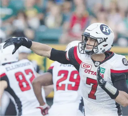  ?? JASON FRANSON/THE CANADIAN PRESS ?? Redblacks QB Trevor Harris has thrown for 1,379 yards and eight touchdowns in three losses and a tie this year.