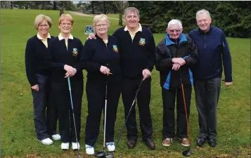  ??  ?? Baltinglas­s Golf Club lady captain Lil Flynn, lady President Mary Deegan, lacy captain Patricia Foley, men’s captain John Kelly, men’s President John Reynolds, and men’s vice captain Martin Hennessy at the club’s Captain’s Drive In last weekend.