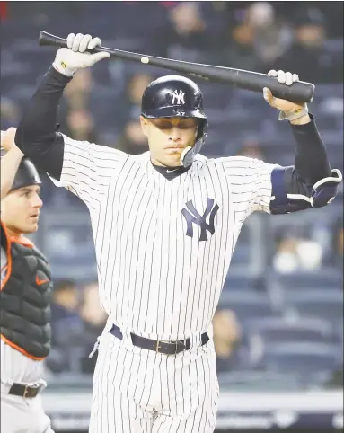  ?? Elsa / Getty Images ?? Giancarlo Stanton has endured a challengin­g start to his Yankees career thus far.