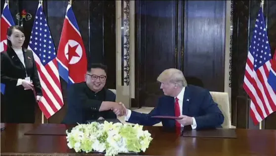  ?? TT-AP
FOTO: ?? ■Nordkoreas ledare Kim Jong-Un och USA:s president Donald Trump på toppmöte i Singapore i juni.