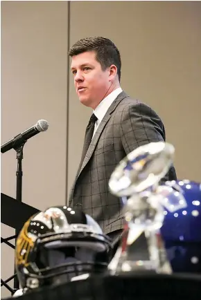  ?? Staff photo by Hunt Mercier ?? ■ Missouri Western State University Athletic Director Josh Looney speaks to the public about the Agent Barry Live United Bowl on Wednesday at the Texarkana, Ark., Convention Center.