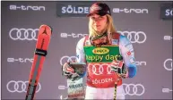  ?? Michel Cottin/Agence Zoom / Getty Images ?? Mikaela Shiffrin of USA takes 1st place during the Audi FIS Alpine Ski World Cup Women’s Giant Slalom on Oct. 23, 2021 in Soelden, Austria. Shiffrin hasn’t been able to train since the event with a back injury.