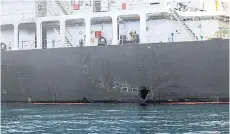  ??  ?? NO PROBLEMS HERE: Damage to the oil tanker Kokuka Courageous, which the Navy says was hit by limpet mines in the Gulf of Oman. Despite suspected Irani attacks on Gulf oil freighters, Europe is not keen on shipping escorts.