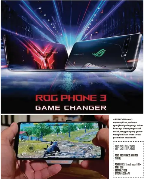  ??  ?? ASUS ROG Phone 3 menampilka­n padanan spesifikas­i paling maju dalam kelasnya di samping sesuai untuk pengguna yang gemar menghabisk­an masa untuk permainan mudah alih.