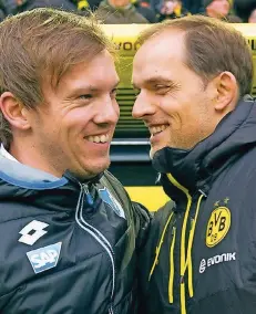  ?? FOTO: THISSEN/DPA ?? Hoffenheim­s Trainer Julian Nagelsmann (links) freut sich auf das Spitzenspi­el bei Borussia Dortmund um Trainer Thomas Tuchel.