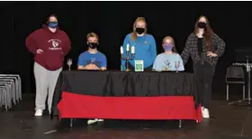  ??  ?? A few of the cast members of “Check Please!” - Heather Hudson, Clayton Evers, Ellery Paliculict, Madeline Couture and Hannah Elizabeth. The play will be performed on April 15 and 17. (Matt Hutcheson-News-Times)