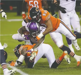  ?? JONATHAN DANIEL/ GETTY IMAGES ?? James Vaughters of the Chicago Bears is “down there (NFL) and making the most of it,” Stampeders coach Dave Dickenson says of the defensive end who played two seasons in Calgary.