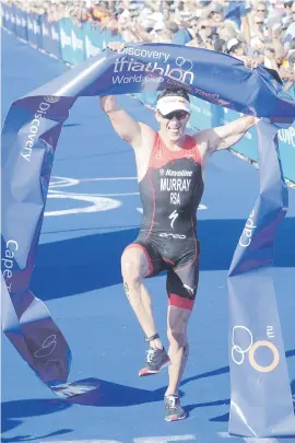  ?? Picture: Gallo Images ?? BLUE HEAVEN. South Africa’s Richard Murray celebrates as he crosses the finish line to win the Men’s Elite event at the Cape Town leg of the Triathlon World Cup yesterday.