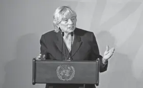  ?? JASON DECROW/AP ?? Maine Gov. Janet Mills addresses the Climate Action Summit in the United Nations General Assembly at U.N. headquarte­rs on Monday.