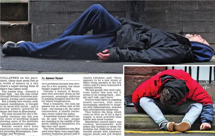  ??  ?? Comatose: Men collapsed on the pavement in Manchester city centre