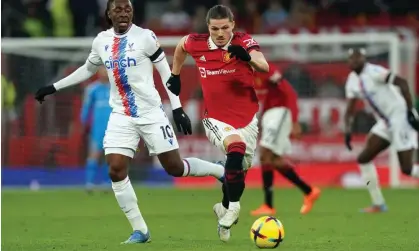  ?? Photograph: Martin Rickett/PA ?? Marcel Sabitzer and Crystal Palace's Eberechi Eze battle for the ball at Old Trafford.