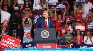  ?? —AFP ?? TULSA: US President Donald Trump speaks at a campaign rally at the BOK Center on Saturday.