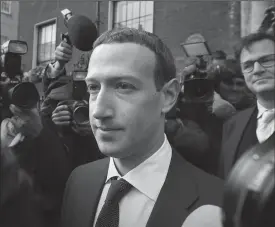  ?? TRIBUNE NEWS SERVICE FILE PHOTOGRAPH ?? Facebook CEO Mark Zuckerberg leaves The Merrion Hotel in Dublin after a meeting with politician­s to discuss regulation of social media and harmful content on April 2. A panel of intelligen­ce experts said social media companies should be accountabl­e for "deepfake" videos.